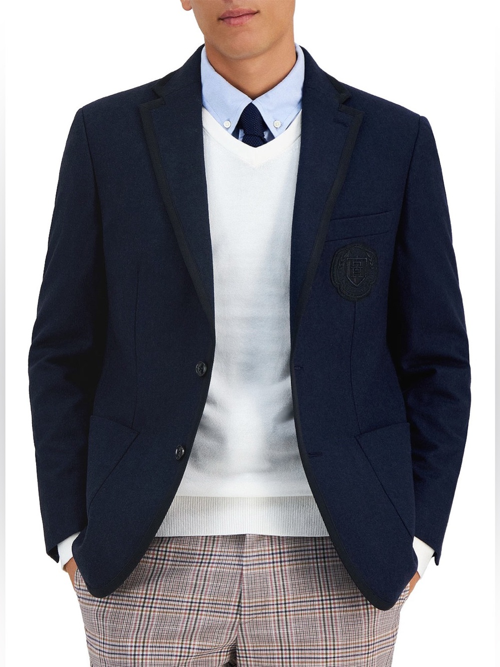 Tommy Hilfiger navy blue Modern-Fit Wool Blend Crest Logo Wool Club Blazer  38S